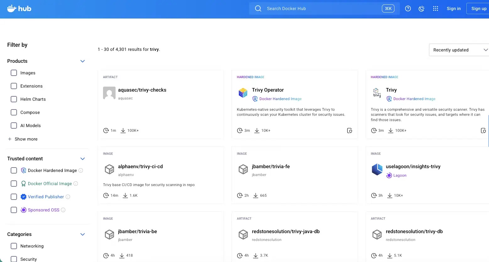 Αποτελέσματα αναζήτησης Docker Hub για Trivy (Πηγή - Socket.dev)